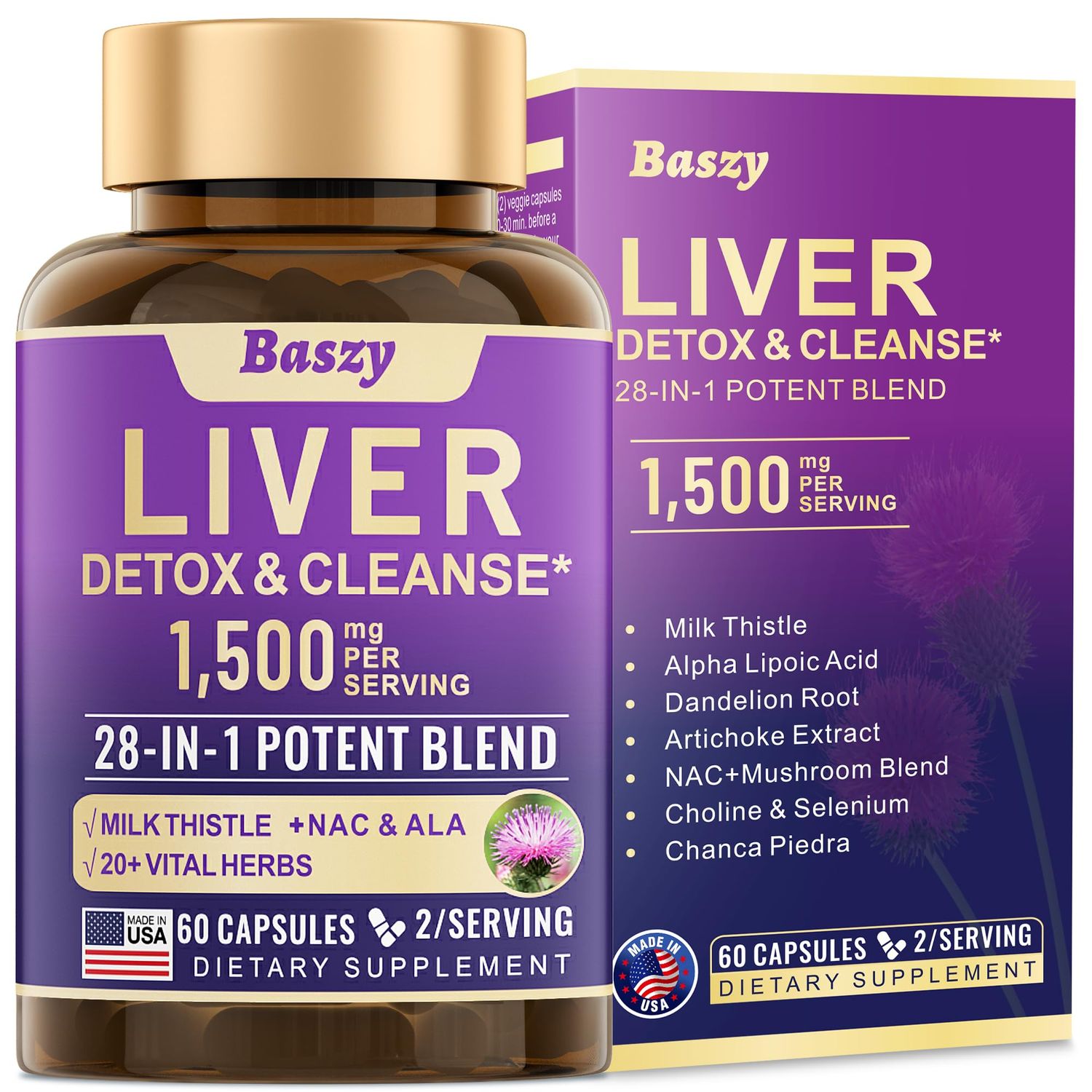 Baszy 28-in-1 Liver Cleanse Detox &amp; Repair - 1500mg Liver Health Support with Milk Thistle, Dandelion Root, Artichoke Extract, and 20 Herbal Liver Support Supplements - Made in USA - 60 Capsules