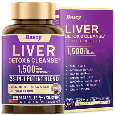Baszy 28-in-1 Liver Cleanse Detox &amp; Repair - 1500mg Liver Health Support with Milk Thistle, Dandelion Root, Artichoke Extract, and 20 Herbal Liver Support Supplements - Made in USA - 60 Capsules