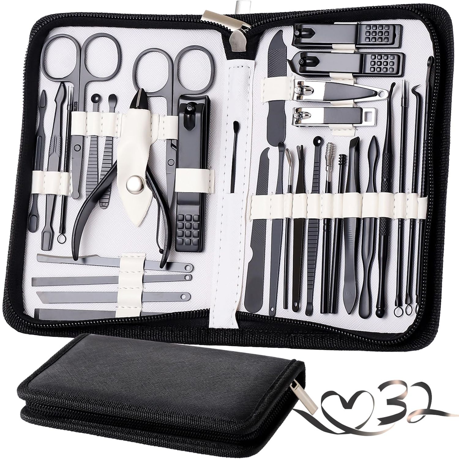 Manicure Set Pedicure Kit Womens Nail Clippers Set 32 in 1 Professional Grooming Care Tools Nail Kit Including Facial, Fingernails and Toenails Care with Travel Case Women WhiteBlack_32 in 1