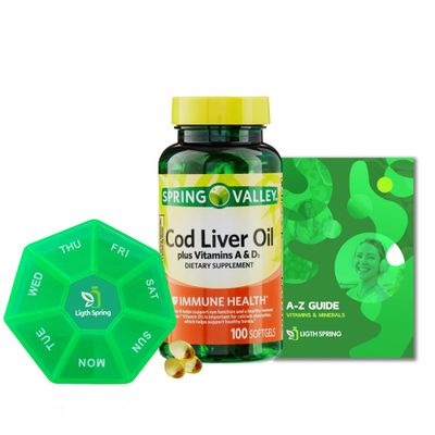 Spring Valley Cod Liver Oil Plus Vitamins A &amp; D3, 100 softgels, Support Eye Function and a Healthy, Bundle with Vitamins &amp; Minerals Ligth&amp;Spring Guide