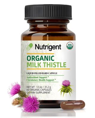 Nutrigent USDA Organic Milk Thistle Supplement 25:1 Extract, 8750 mg Strength, Silymarin Supplement 280 mg, Liquid Organic Capsules, Liver Health &amp; Detox Support, Non-GMO, 60 Count