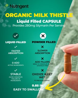 Nutrigent USDA Organic Milk Thistle Supplement 25:1 Extract, 8750 mg Strength, Silymarin Supplement 280 mg, Liquid Organic Capsules, Liver Health &amp; Detox Support, Non-GMO, 60 Count