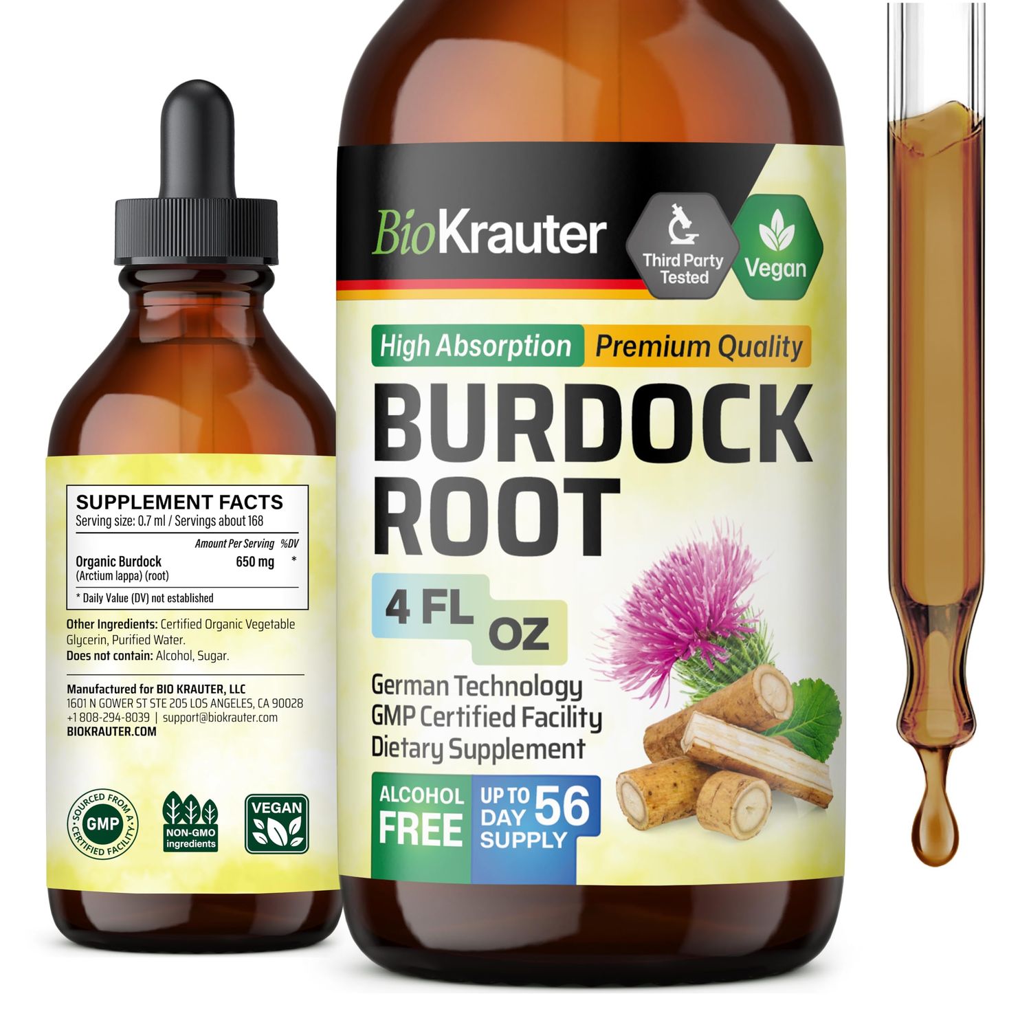 BIO KRAUTER Burdock Root Tincture - Antioxidant Support Liquid Supplement - Burdock Root Extract - Alcohol and Sugar Free - Vegan Drops 4 Fl.Oz.