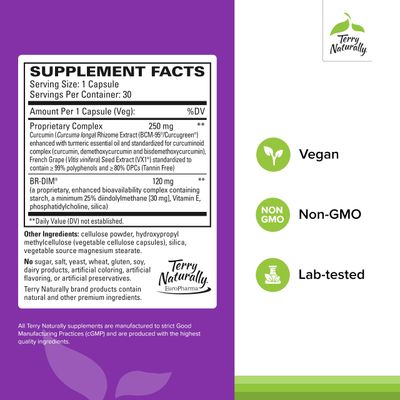 Terry Naturally DIM Complex - Dietary Supplement with BCM-95 Curcumin - Supplement to Support Healthy Hormone Balance, Liver Health & Menopause Symptom Relief - 30 Capsules, 2 Pack 60 Capsules