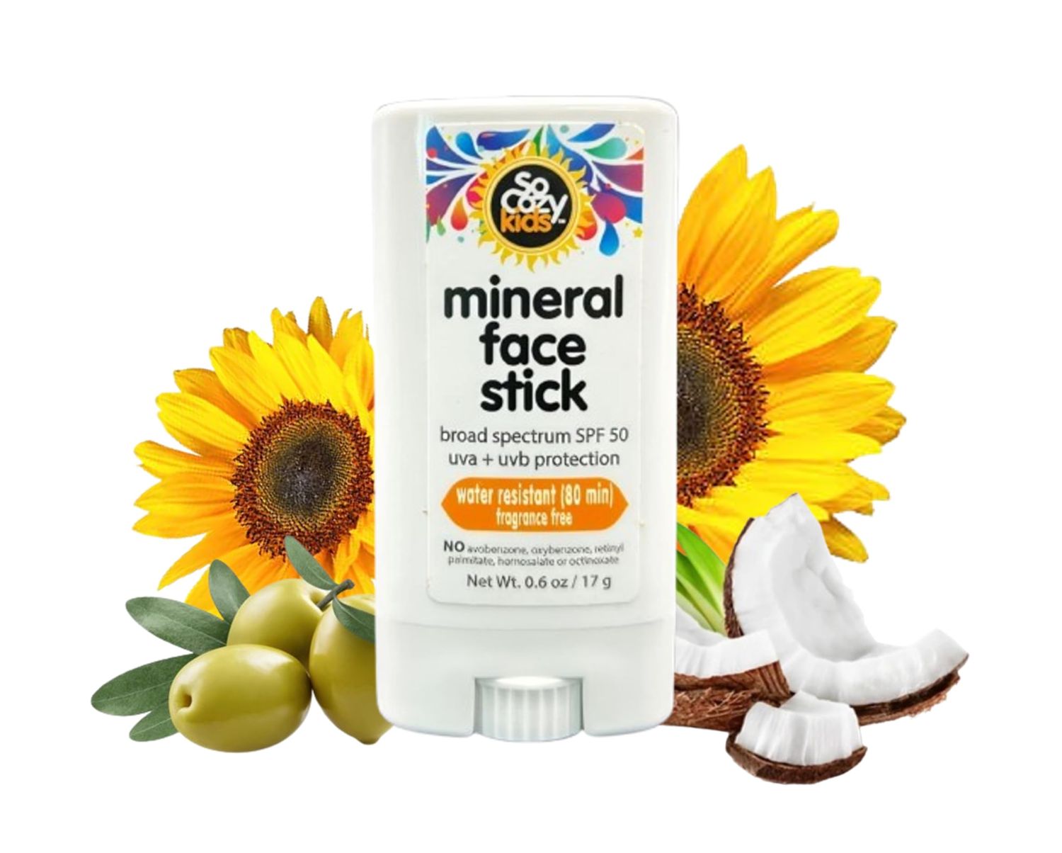 SoCozy Sunscreen Stick, Kids SPF 50 Mineral Sunscreen for Face &amp; Body, 0.6 oz, Water Resistant Sun Protection, Broad Spectrum UVA UVB Gentle Sun Block Stick