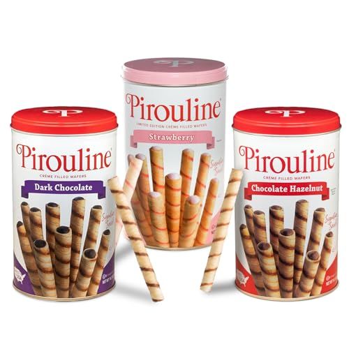 Pirouline Rolled Wafers - Best Flavor Mix - Chocolate Hazelnut, Dark Chocolate, and Strawberry - Rolled Wafer Cookies for Coffee, Tea, Ice Cream, Snacks, Parties, Gifts - 14.1oz Tin 3pk