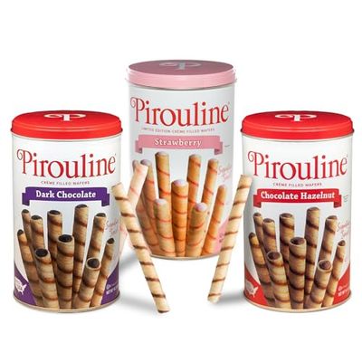 Pirouline Rolled Wafers - Best Flavor Mix - Chocolate Hazelnut, Dark Chocolate, and Strawberry - Rolled Wafer Cookies for Coffee, Tea, Ice Cream, Snacks, Parties, Gifts - 14.1oz Tin 3pk