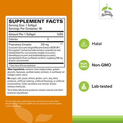Terry Naturally CuraMed 375mg - Antioxidant Supplement for Brain &amp; Immune Health Support - Dietary Supplement with Curcumin &amp; Turmeric Essential Oil - Herbal Liver Support - 90 Softgels
