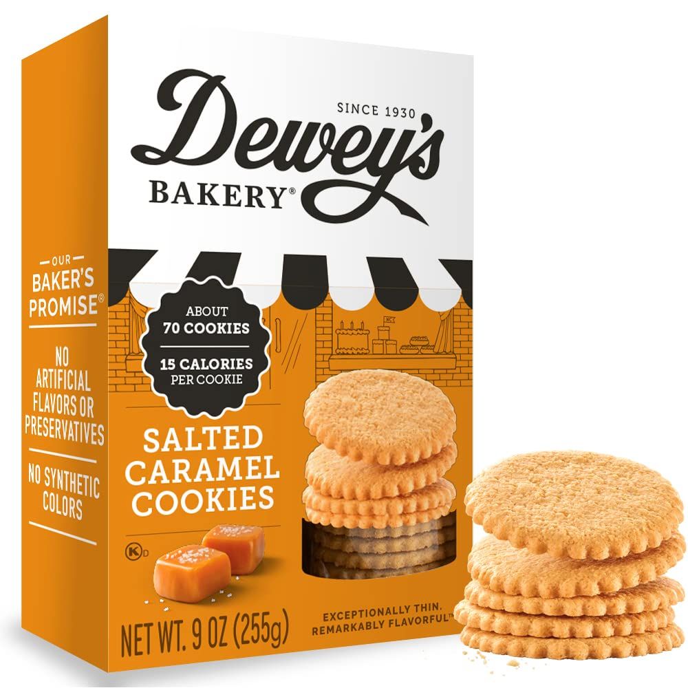 Dewey&#39;s Bakery Salted Caramel Cookie Thins No Artificial Flavors, Synthetic Colors or Preservatives Baked in Small Batches 9oz Pack of 1