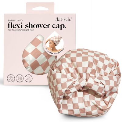 Kitsch Luxury Shower Caps for Women Reusable Waterproof - Flexi Satin Lined, Large Shower Cap for Men, Non-slip, Quick-dry, Adjustable, Stylish Hair Cap for Long &amp; Short Hair - Terracotta Checker
