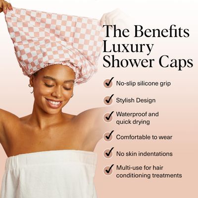 Kitsch Luxury Shower Caps for Women Reusable Waterproof - Flexi Satin Lined, Large Shower Cap for Men, Non-slip, Quick-dry, Adjustable, Stylish Hair Cap for Long &amp; Short Hair - Terracotta Checker