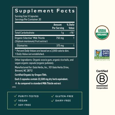 Gaia Herbs Milk Thistle - Liver Supplement &amp; Cleanse Support for Maintaining Healthy Liver Function - 60 Vegan Capsules 20-Day Supply