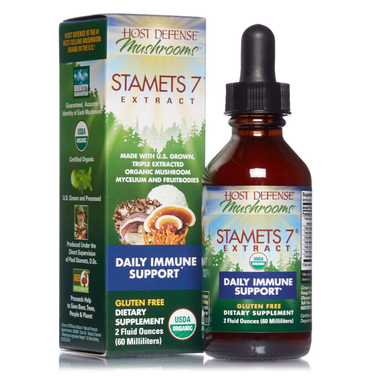 Host Defense Stamets 7 Extract - 7 Species Blend - Mushroom Supplement for Immune Support with Royal Sun Blazei, Cordyceps, Reishi, Maitake, Lion&#39;s Mane, Chaga &amp; Mesima - 2 fl oz 60 Servings