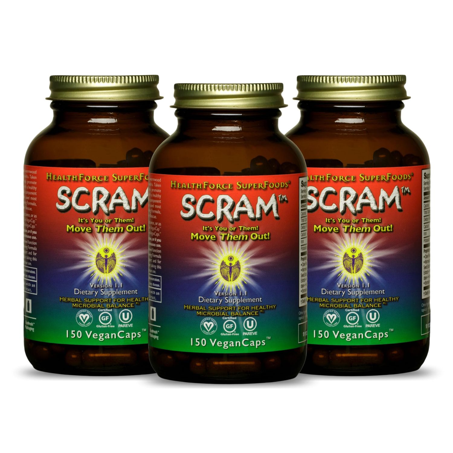HealthForce SuperFoods Scram - Herbal Supplement with Milk Thistle, Wormwood &amp; Black Walnut - Digestion Support Capsules - 150 Vegan Capsules Pack of 3