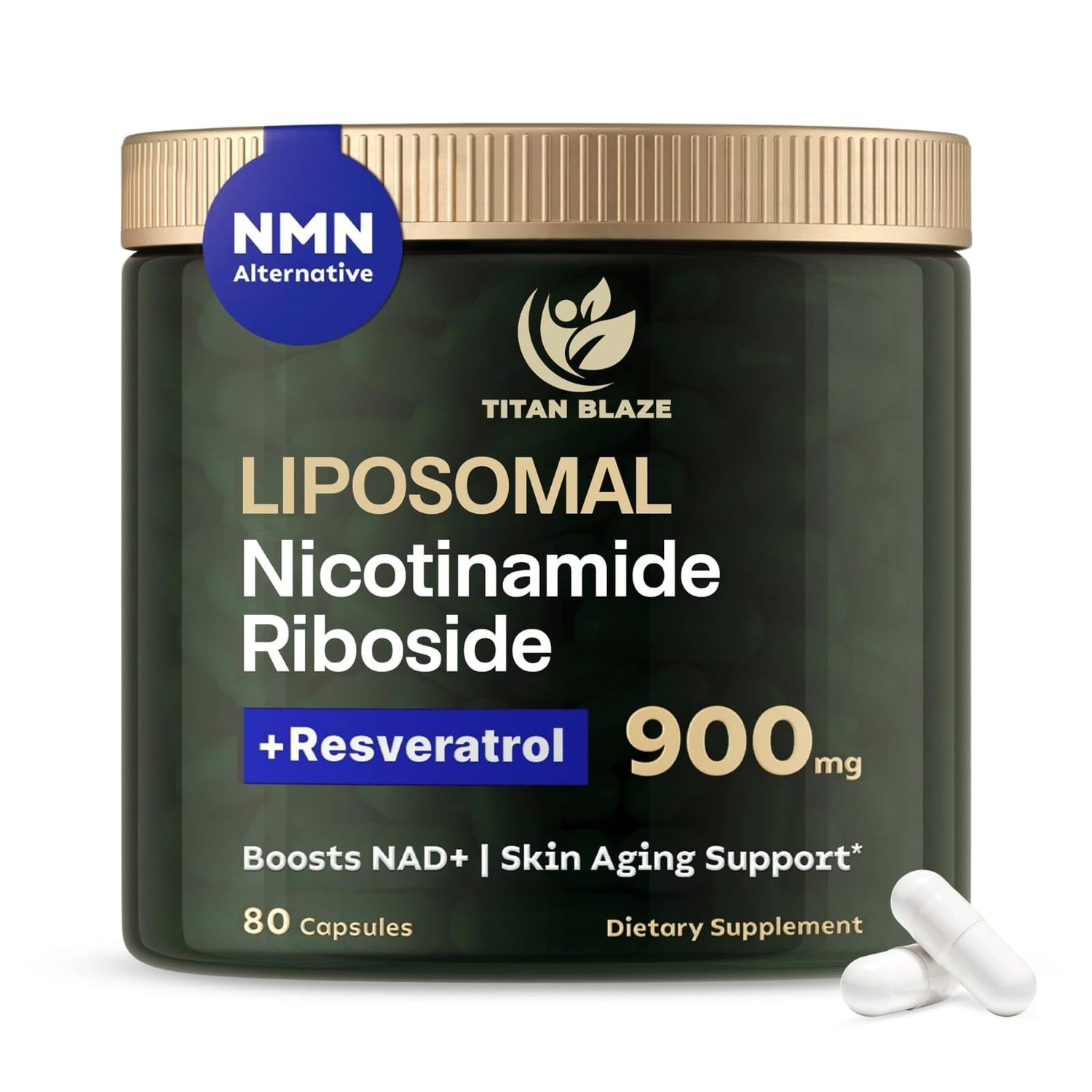 TITAN BLAZE NAD Nicotinamide Riboside with Resveratrol &amp; Quercetin NMN Alternative - Premium Anti-Aging Supplement for Energy, Focus, and Cellular Support - 80 High-Purity Capsules 900mg