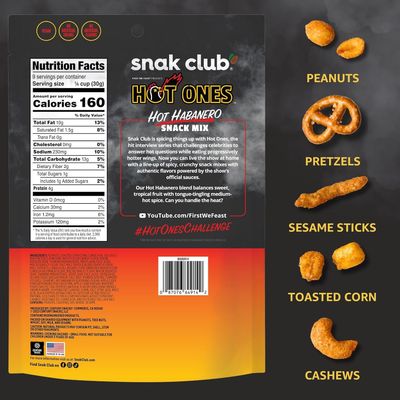 Snak Club x Hot Ones Hot Habanero Snack Mix, Spicy Snacks with Peanuts, Pretzels, Sesame Sticks, Toasted Corn & Cashews, Inspired by Hot Ones Hot Sauce, 10 oz Bag