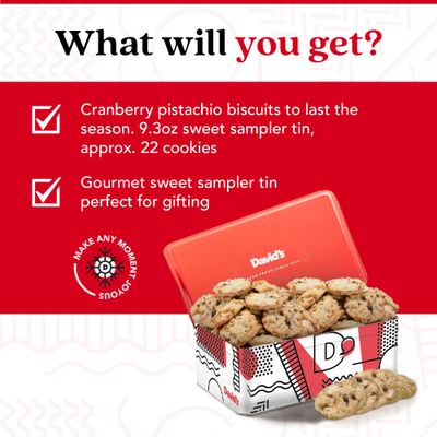 David's Cookies Cranberry Pistachio Biscuits Sweet Sampler Tin - Irresistible Crunch, Snacks And Bakery Treats - Ideal for Snacking And Gifting - Delicious Gourmet Food Gift For All Occasions 9.3oz