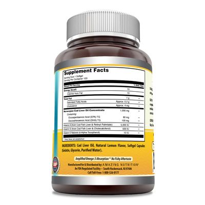 Amazing Omega Norwegian Cod Liver Oil 1000 Mg Softgels Supplement Omega-3, EPA, DHA, Vitamin A, Vitamin D &amp; Vitamin E Lemon 120 Count