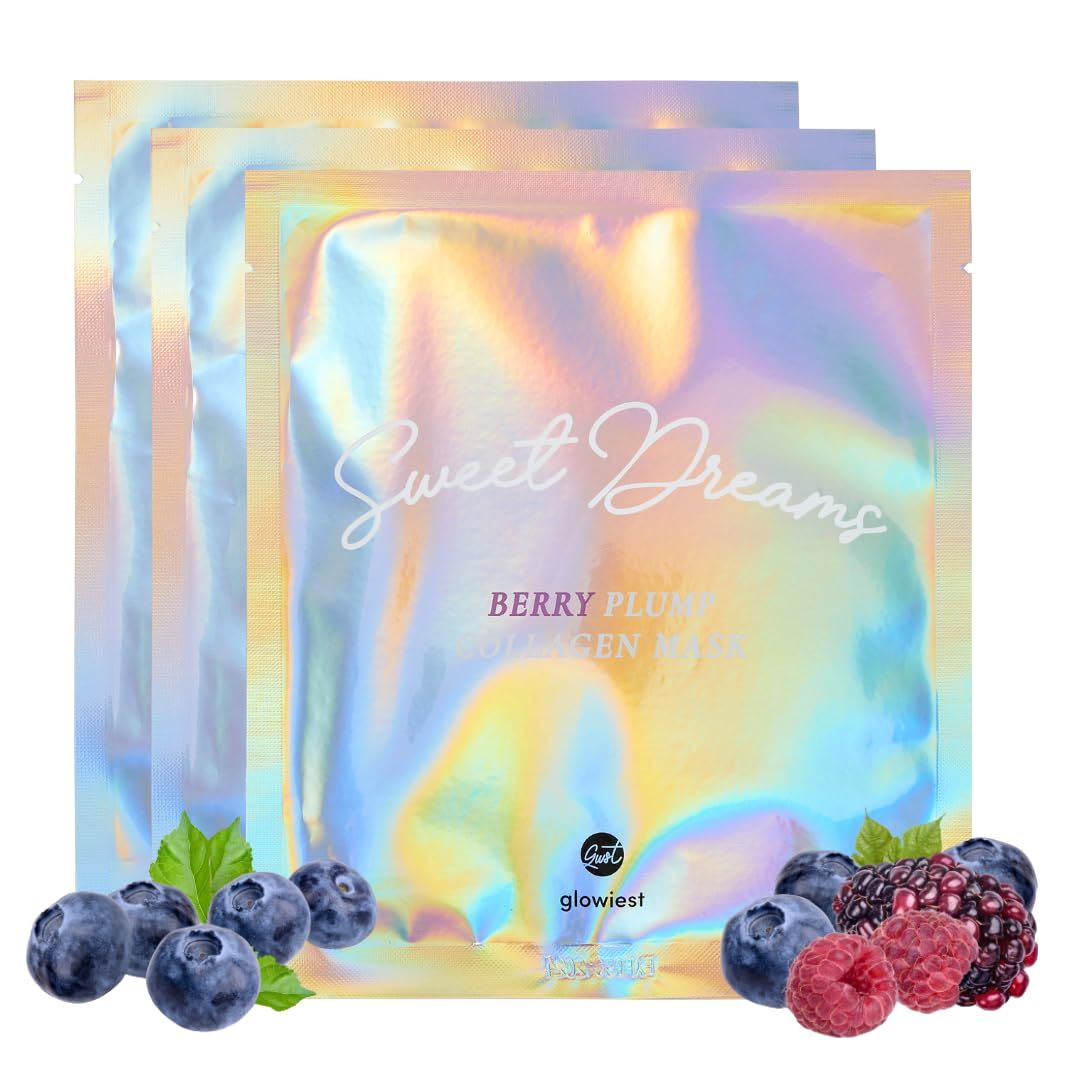 glowiest Sweet Dreams Berry Plump Collagen Mask Set of 3, Lifting &amp; Hydrating Face Collagen Jelly Mask, 79 Collagen, Elastin, Hyaluronic Acids, Polyglutamic Acid, Peptides, Korean Skincare
