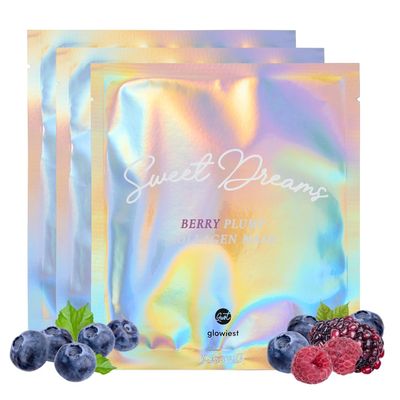 glowiest Sweet Dreams Berry Plump Collagen Mask Set of 3, Lifting &amp; Hydrating Face Collagen Jelly Mask, 79 Collagen, Elastin, Hyaluronic Acids, Polyglutamic Acid, Peptides, Korean Skincare