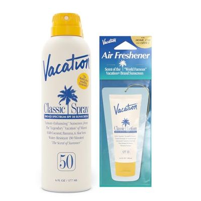 Vacation Classic Sunscreen Spray SPF 50 &amp; Air Freshener Bundle, Water-Resistant, Lightweight, Transparent on All Skin Tones, Dermatologist-Tested, Vegan, 6 Fl. Oz.