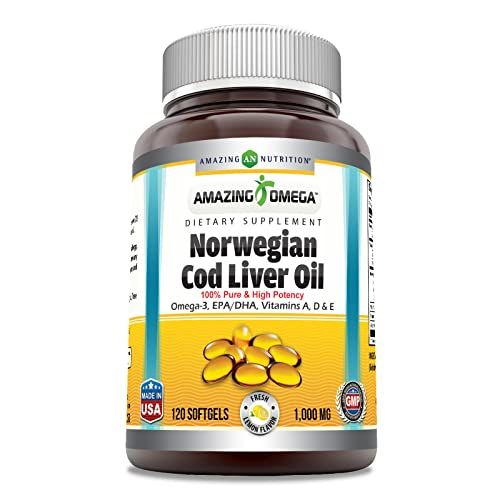 Amazing Omega Norwegian Cod Liver Oil 1000 Mg Softgels Supplement Omega-3, EPA, DHA, Vitamin A, Vitamin D &amp; Vitamin E Lemon 120 Count