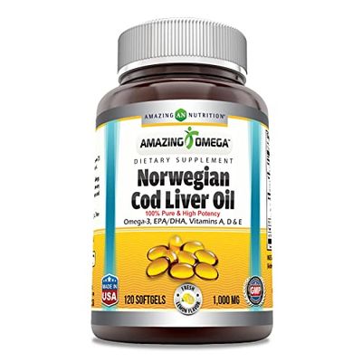 Amazing Omega Norwegian Cod Liver Oil 1000 Mg Softgels Supplement Omega-3, EPA, DHA, Vitamin A, Vitamin D &amp; Vitamin E Lemon 120 Count