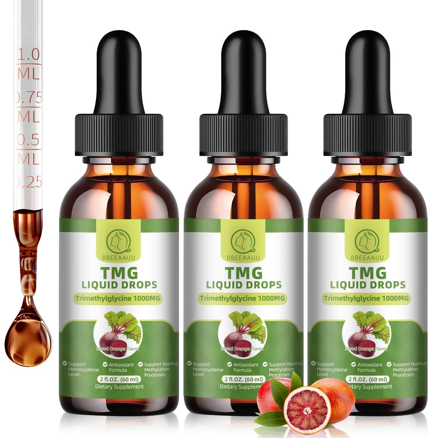 3 Pack TMG Trimethylglycine Liquid Drops, 1000mg High Absorption, Supports Methylation, Liver Wellness &amp; Cognitive Function - Non-GMO Formula, Vegan, Blood Orange Flavor, 2 Fl.Oz