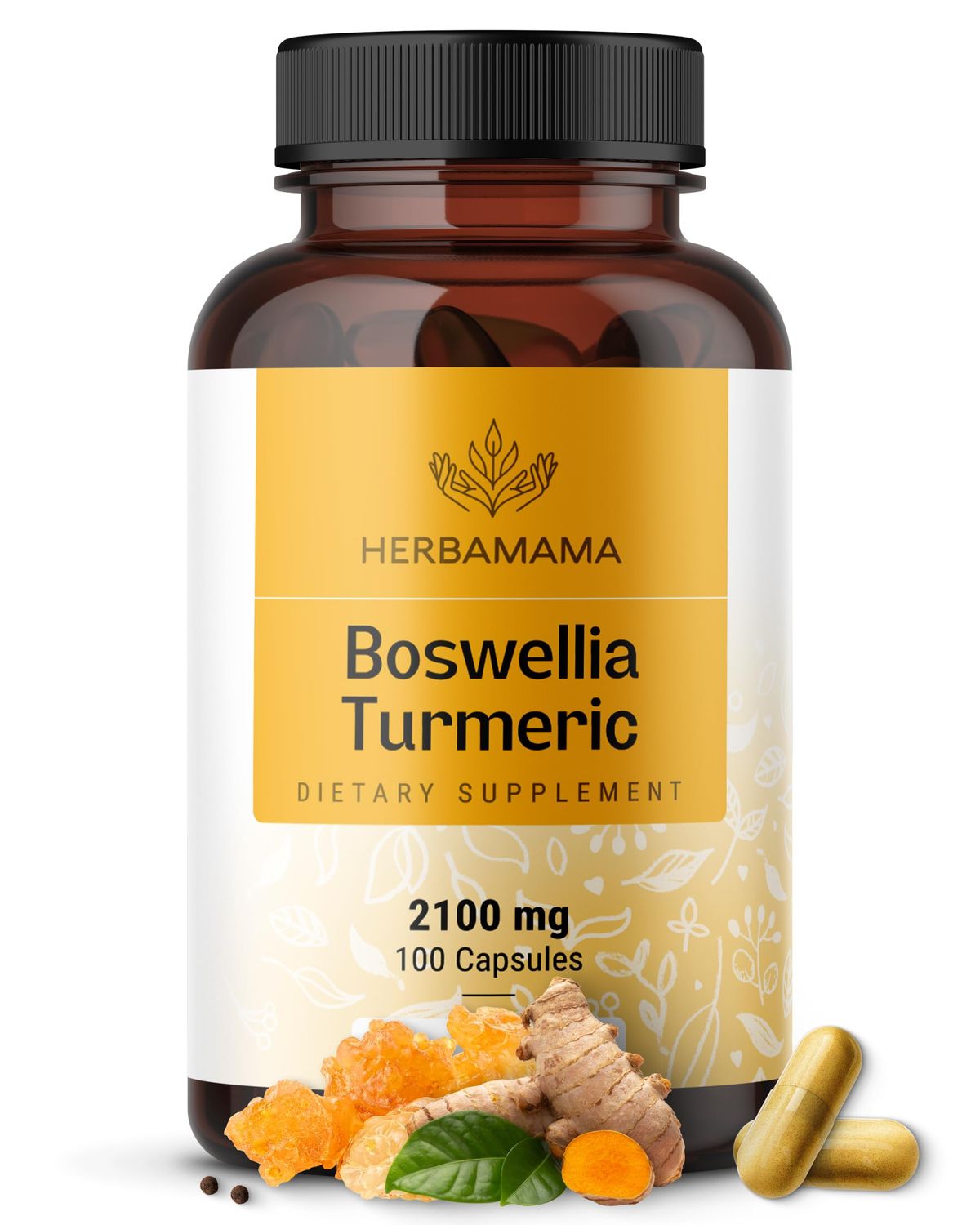 HERBAMAMA Turmeric and Boswellia Extract Capsules - 2100mg Boswellia Serrata &amp; Turmeric Complex with Black Pepper Extract - Vegan, Non-GMO, 95 Curcuminoids Antioxidant Supplement, 100 Caps