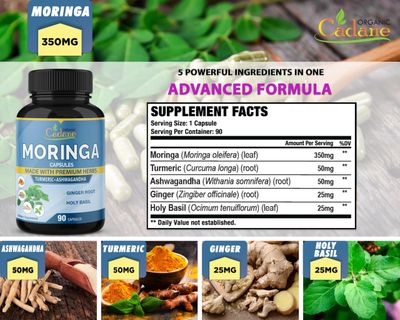 Organic Cadane Moringa Extract Capsules, 3 Months Supply with Ashwagandha, Tulsi, Ginger, Turmeric - Energy Booster, Immune System Support - 90 Capsules