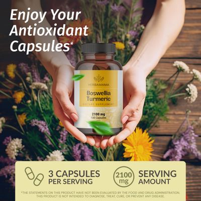 HERBAMAMA Turmeric and Boswellia Extract Capsules - 2100mg Boswellia Serrata &amp; Turmeric Complex with Black Pepper Extract - Vegan, Non-GMO, 95 Curcuminoids Antioxidant Supplement, 100 Caps
