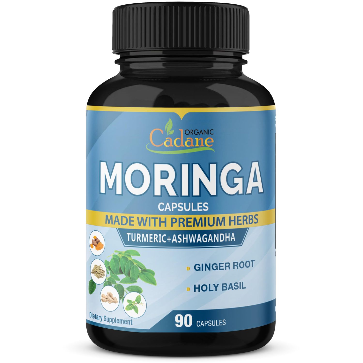 Organic Cadane Moringa Extract Capsules, 3 Months Supply with Ashwagandha, Tulsi, Ginger, Turmeric - Energy Booster, Immune System Support - 90 Capsules