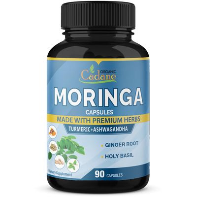 Organic Cadane Moringa Extract Capsules, 3 Months Supply with Ashwagandha, Tulsi, Ginger, Turmeric - Energy Booster, Immune System Support - 90 Capsules