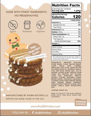 Shubh Kitchen Vegan Ginger Spice Cookies, Ginger Special, Gourmet Cookies, Vegan, Allergy Friendly Snack, 5.5 oz. 100 Eggfree, Vegan and Vegetarian