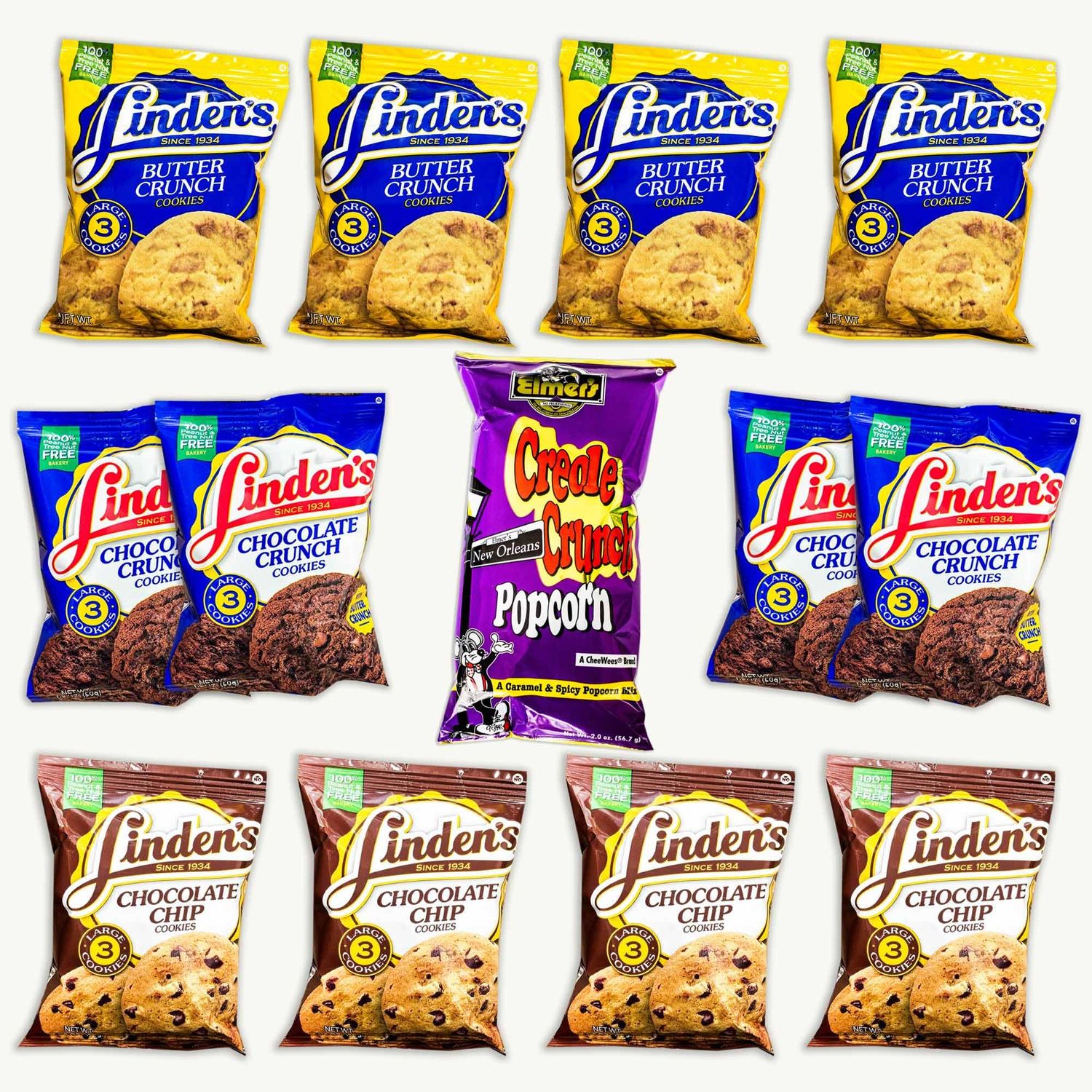 Gourmet Cookies Variety Pack - Chocolate Crunch, Butter Crunch, Chocolate Chip - 3 Large Cookies per Bag - Creole Crunch Cajun Popcorn 2oz - 13 Items