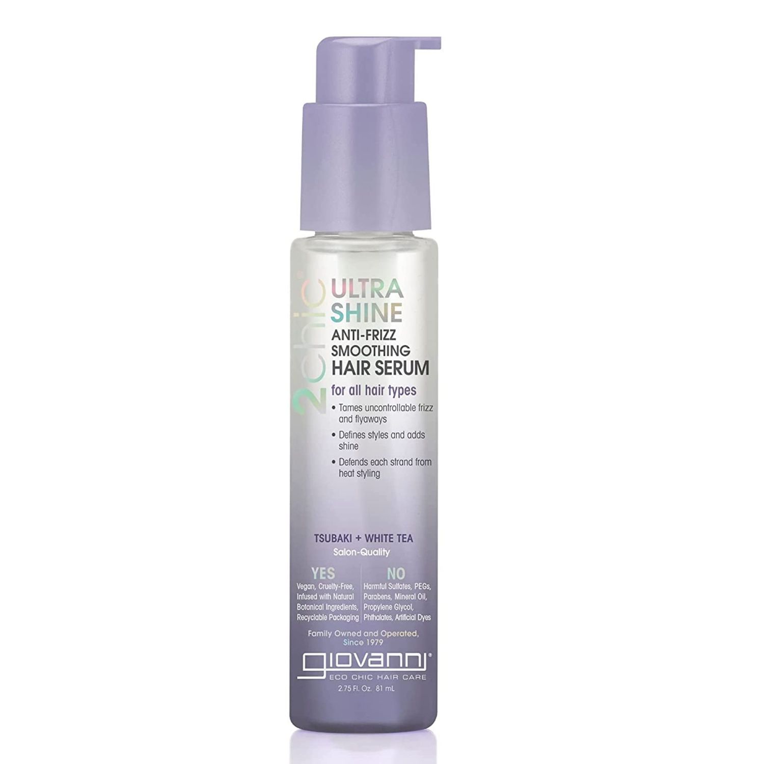 Giovanni 2chic Ultra-Shine Anti-Frizz Smoothing Hair Serum, 2.75 oz - All Hair Types, Dual Taming Complex of Tsubaki Seed Oil &amp; White Tea, Detangles, Smooths &amp; Conditions, Tames Frizz &amp; Flyaways