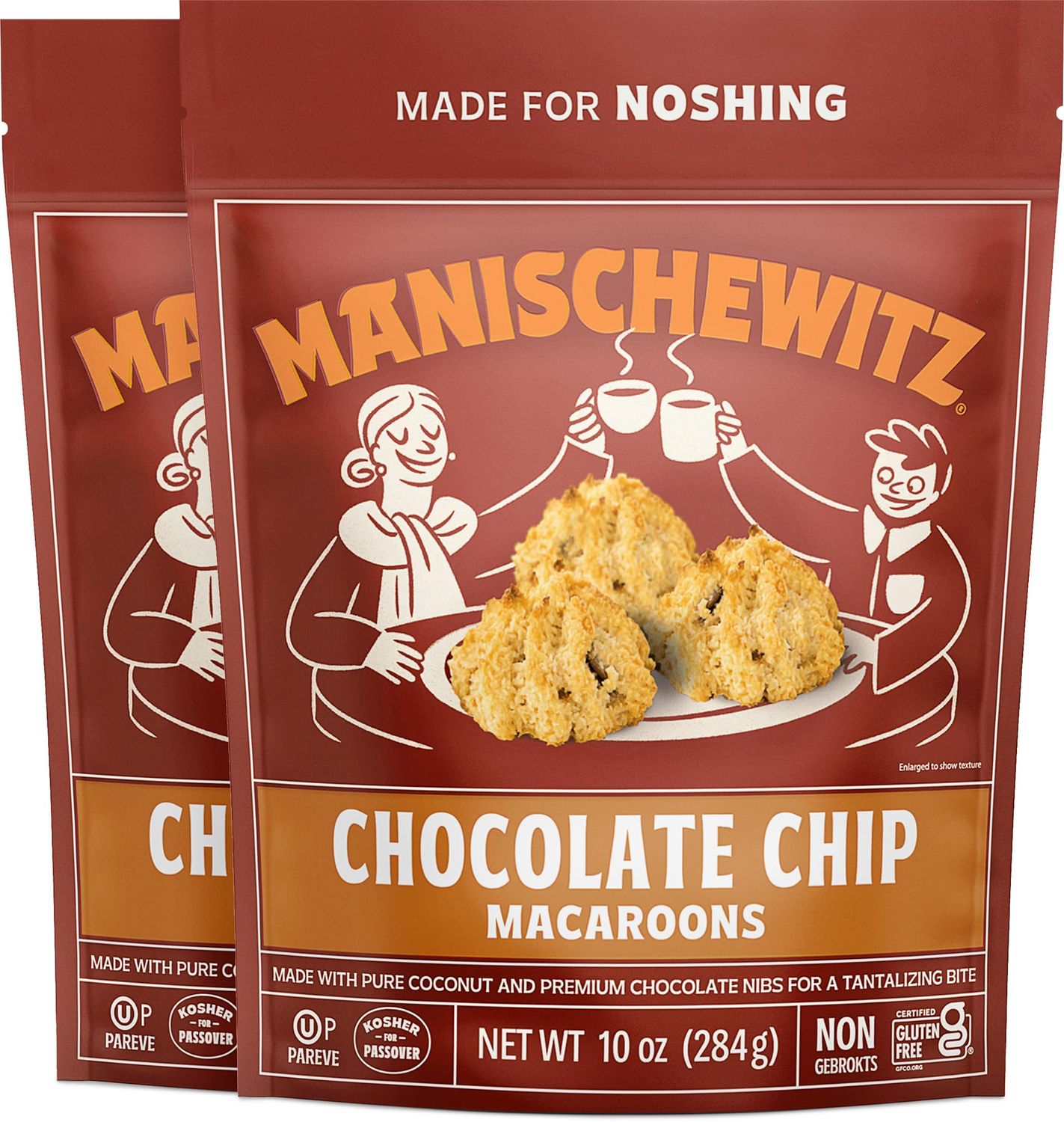 Manischewitz Macaroon Chocolate Chip Cookie, 10 oz 2 Pack Coconut Macaroons Resealable Bag Dairy Free Gluten Free Coconut Cookie Kosher for Passover