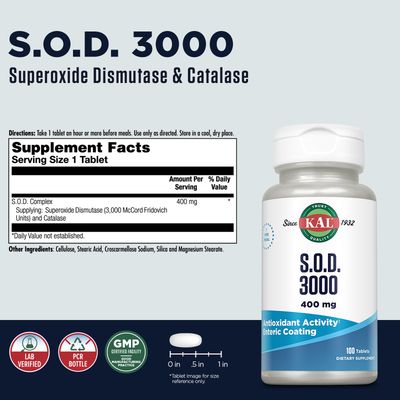 KAL S.O.D. 3000 Antioxidant Supplement 400mg, Superoxide Dismutase SOD, Beef Liver Source, Super Antioxidant Support, Enteric Coated for Maximum Assimilation, 60-Day Guarantee, 100 Serv, 100 Tablets