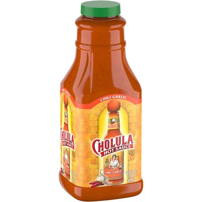 Cholula Chili Garlic Hot Sauce, 64 fl oz - One 64 Fluid Ounce Bulk Container of Chili Garlic Hot Sauce with Mexican Peppers, Garlic and Signature Spices, Perfect for Eggs, Wings, Fries and Popcorn