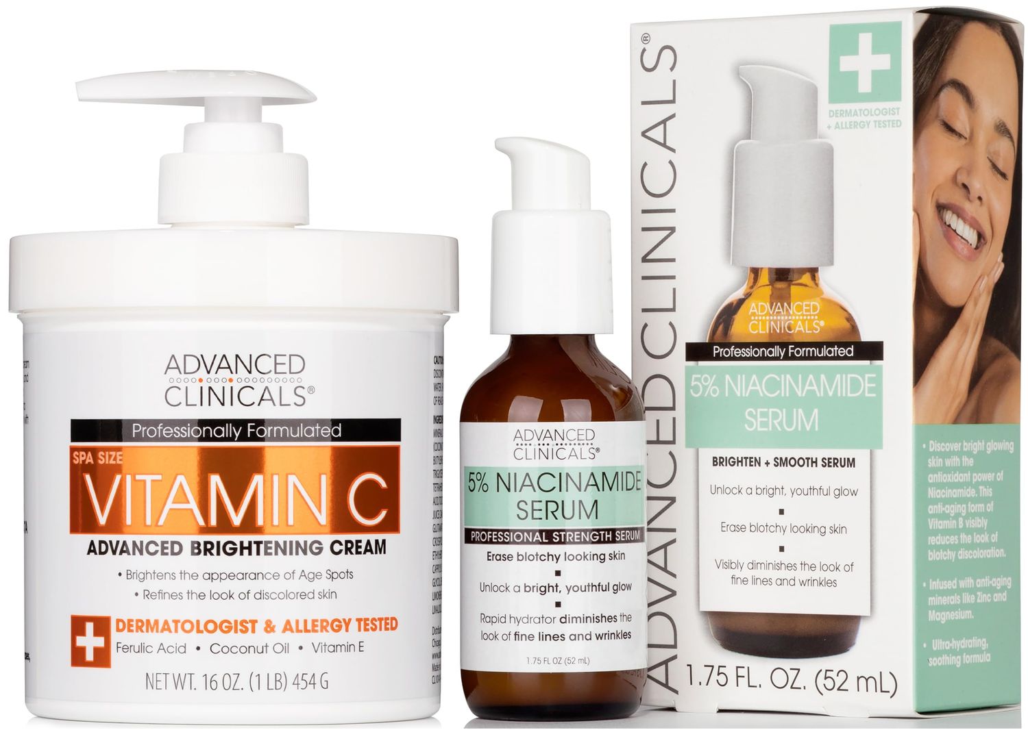 Advanced Clinicals Brightening Vitamin C Cream 5 Niacinamide Serum WHyaluronic Acid 2pc Set Vitamin C Body Lotion Moisturizer &amp; Dark Spot Remover Face Serum Skin Care Products, 2pc Bundle