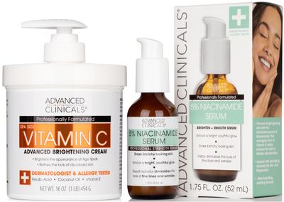 Advanced Clinicals Brightening Vitamin C Cream 5 Niacinamide Serum WHyaluronic Acid 2pc Set Vitamin C Body Lotion Moisturizer &amp; Dark Spot Remover Face Serum Skin Care Products, 2pc Bundle