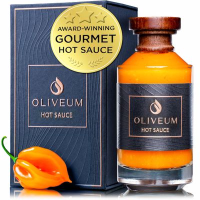 Oliveum Hot Sauce - Gourmet Medium Spice Organic Habanero Peppers. Unique Spicy Salsa Flavor For BBQ, Mexican, Asian, Steak, Chili, Tacos, Buffalo, Wings, Pizza. Experience Fancy Luxury Craft Hand...