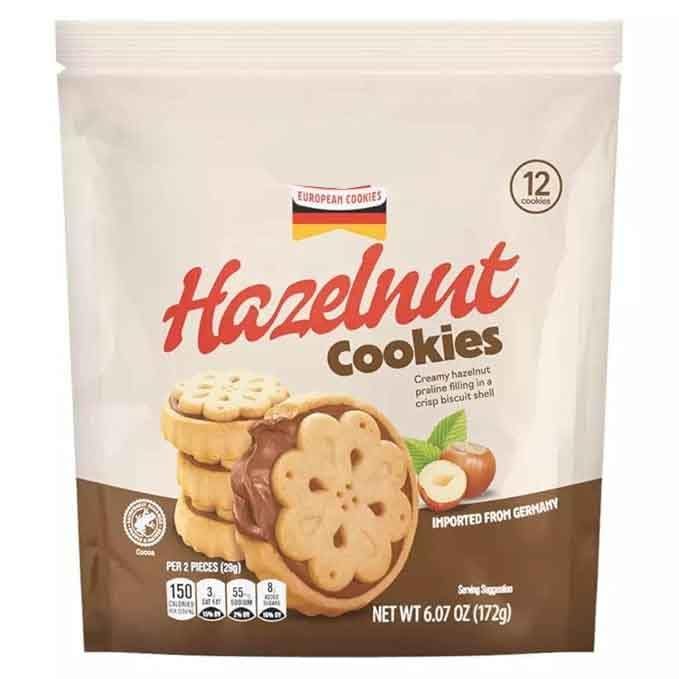 Hazelnut Cookies, Praline Filled Sandwich Biscuit, Snack Snacking Food Dessert Gift Treat, European Germany Imported, 6oz Benton Bag