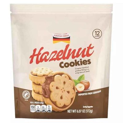 Hazelnut Cookies, Praline Filled Sandwich Biscuit, Snack Snacking Food Dessert Gift Treat, European Germany Imported, 6oz Benton Bag