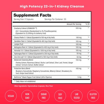 NutraChamps Kidney Cleanse Detox, 22-in-1 Kidney Health Supplement, Extra Strength 50:1 Cranberry Extract with Bioperine for Increased Absorption