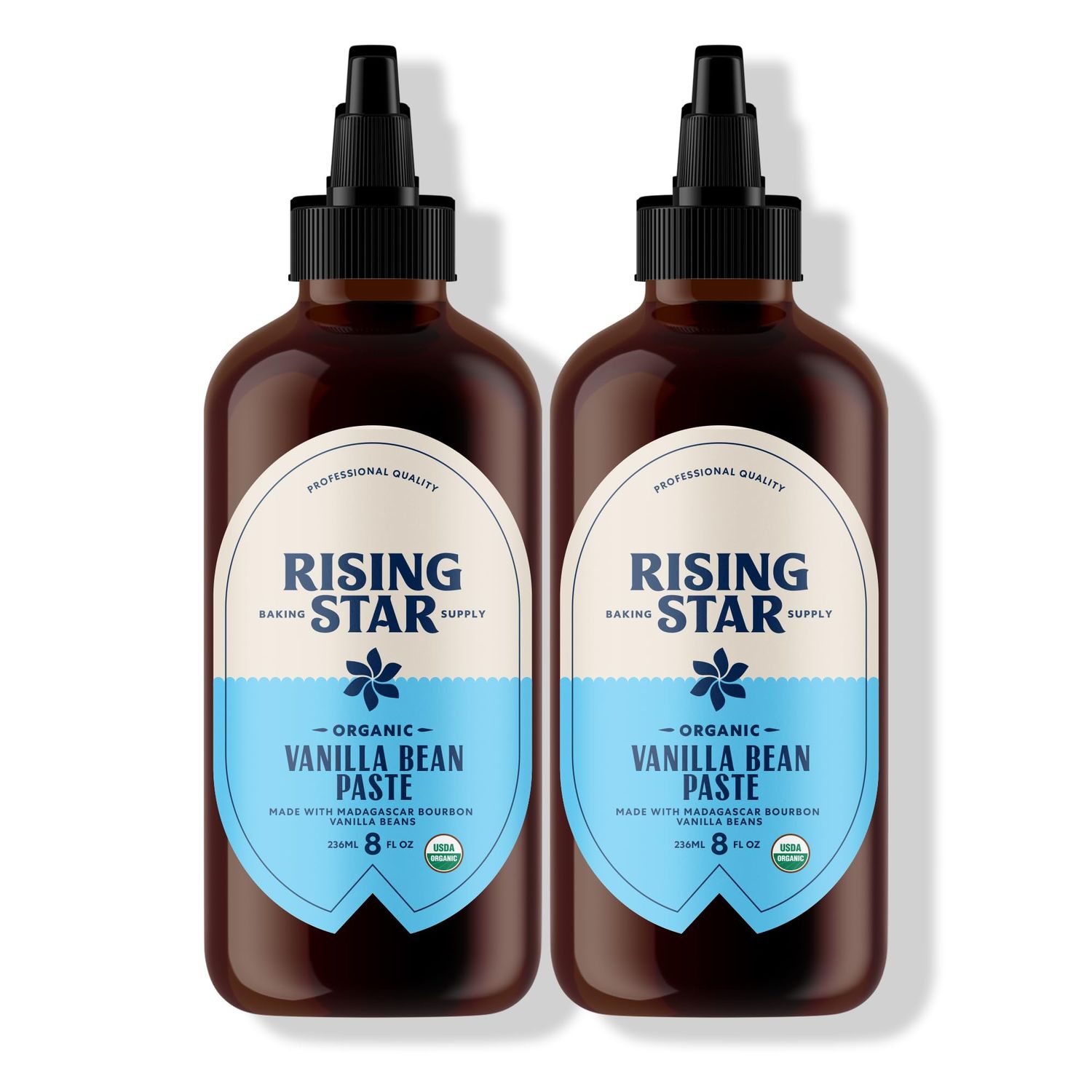Rising Star Organic Vanilla Bean Paste, 8 oz 2 Ct - Organic Madagascar Bourbon Bean Paste for Baking &amp; Desserts, Non-GMO, Vegan, Gluten-Free, Kosher, Easy Squeeze Bottle