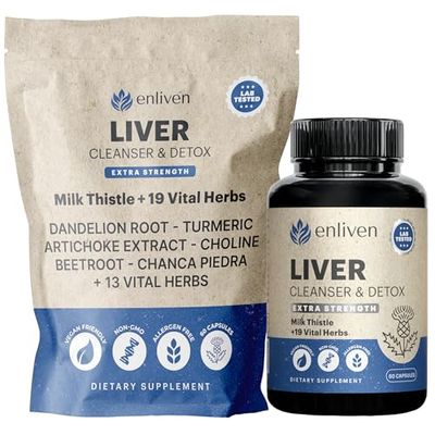 enliven Liver Cleanse Detox &amp; Repair Supplement Best Liver Support with Milk Thistle, Dandelion, Artichoke Non-GMO Made in USA 60 Capsules