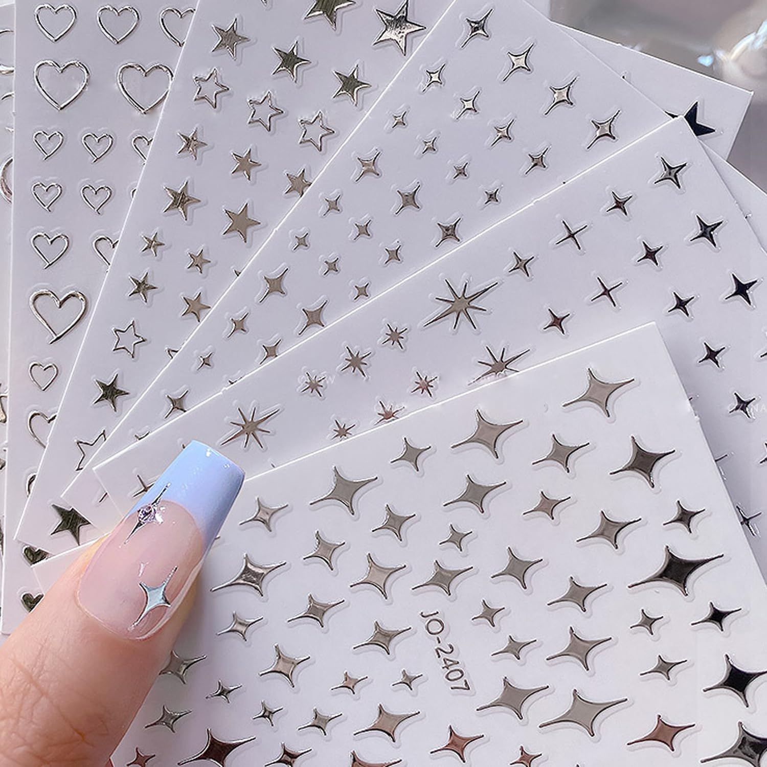 6Sheets Heart Star Nail Art Stickers 3D French Silver Glitter Nail Decals Designer Nail Supplies Metallic Silver Star Love Hearts Nail Designs Sticker for Women DIY Nail Decorations Accessories Crafts
