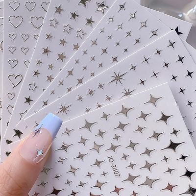 6Sheets Heart Star Nail Art Stickers 3D French Silver Glitter Nail Decals Designer Nail Supplies Metallic Silver Star Love Hearts Nail Designs Sticker for Women DIY Nail Decorations Accessories Crafts