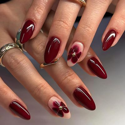 Flower Press on Nails Almond Red Fake Nails - LPOODDNU Cute Flowers Glue on Nails Spring Wine Red Acrylic False Nails Full Cover Stick on Nails Medium Artificial Nails for Women Manicure, 24Pcs